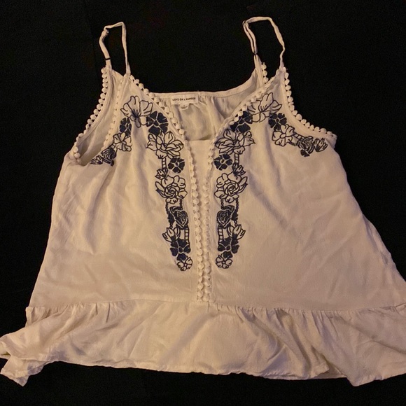 V-neck blue floral embroidered spaghetti strap tank top - Picture 1 of 4